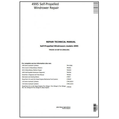 TM2035 John Deere 4995 Self-Propelled Windrowers Hay and Forage Pdf Technical Service Manual