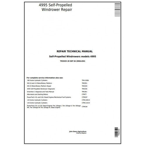 TM2035 John Deere 4995 Self-Propelled Windrowers Hay and Forage Pdf Technical Service Manual