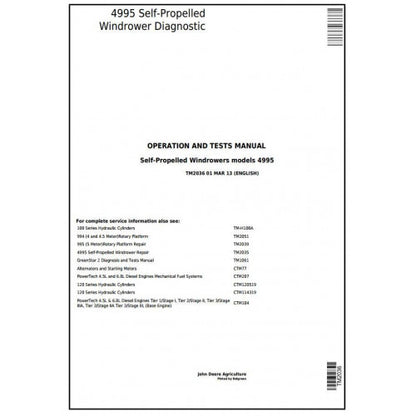 TM2036 John Deere 4995 Self-Propelled Windrowers Hay and Forage Pdf Operation and Tests Manual