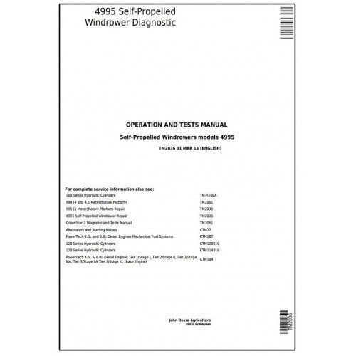 TM2036 John Deere 4995 Self-Propelled Windrowers Hay and Forage Pdf Operation and Tests Manual