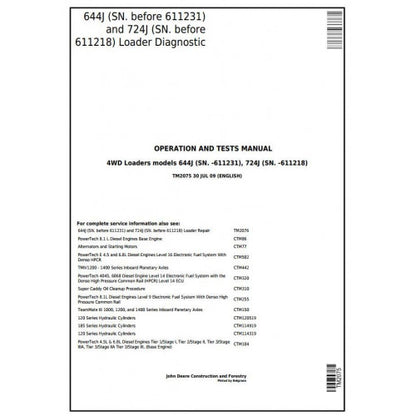 TM2075 John Deere 644J, 724J 4WD Loader Pdf Diagnostic, Operation and Test Service Manual