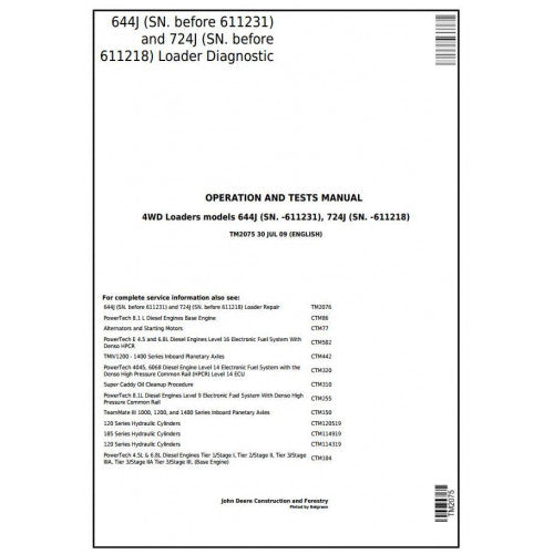 TM2075 John Deere 644J, 724J 4WD Loader Pdf Diagnostic, Operation and Test Service Manual