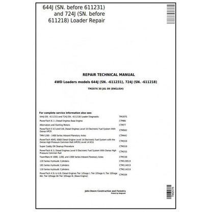 TM2076 John Deere 644J, 724J 4WD Loader Pdf Repair Service Technical Manual