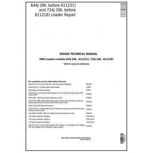 TM2076 John Deere 644J, 724J 4WD Loader Pdf Repair Service Technical Manual