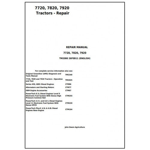 TM2080 John Deere 7720, 7820, 7920 Tractor Pdf Repair Technical Manual