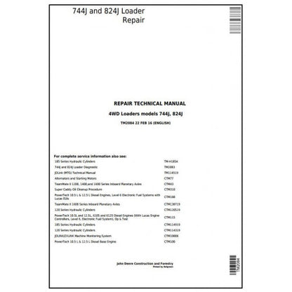 TM2084 John Deere 744J and 824J 4WD Loader Pdf Repair Service Technical Manual
