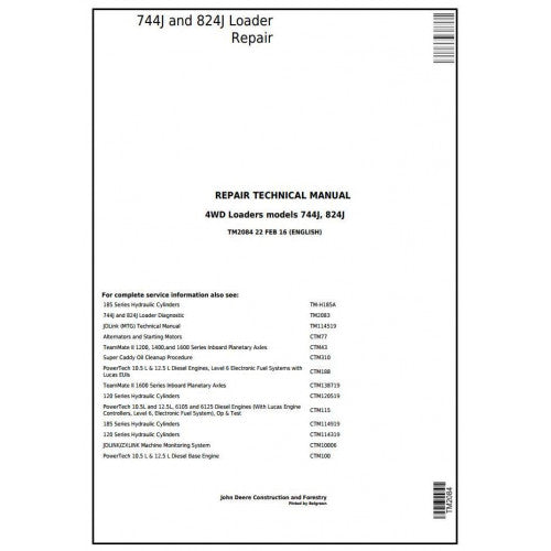TM2084 John Deere 744J and 824J 4WD Loader Pdf Repair Service Technical Manual