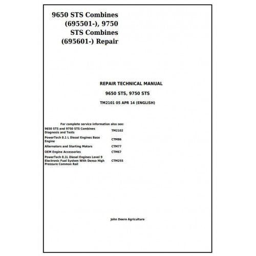 TM2101 John Deere 9650STS, 9750STS Combines Pdf Repair Service Technical Manual