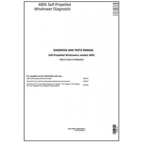TM2114 John Deere 4895 Self-Propelled Hay & Forage Windrower Pdf Diagnosis and Tests Service Manual