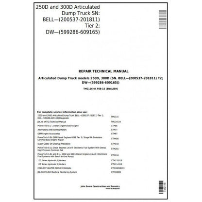 TM2116 John Deere 250D and 300D Articulated Dump Truck Pdf Repair Service Technical Manual