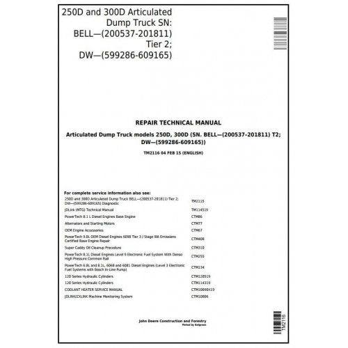 TM2116 John Deere 250D and 300D Articulated Dump Truck Pdf Repair Service Technical Manual