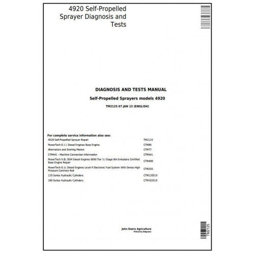 TM2125 John Deere 4920 Self-Propelled Sprayers Pdf Diagnosis and Tests Service Manual