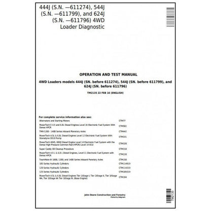 TM2135 John Deere 444J, 544J, 624J Loaders Pdf Diagnostic, Operation and Test Service Manual