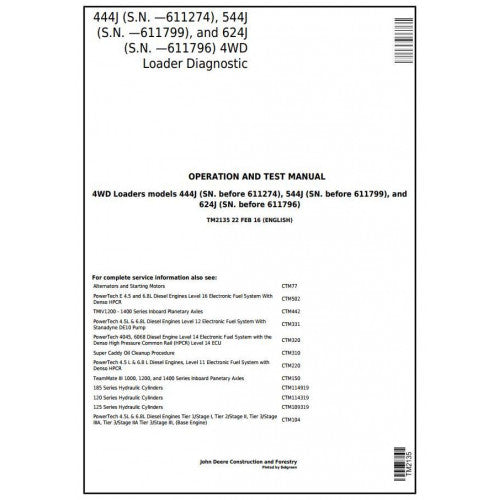 TM2135 John Deere 444J, 544J, 624J Loaders Pdf Diagnostic, Operation and Test Service Manual