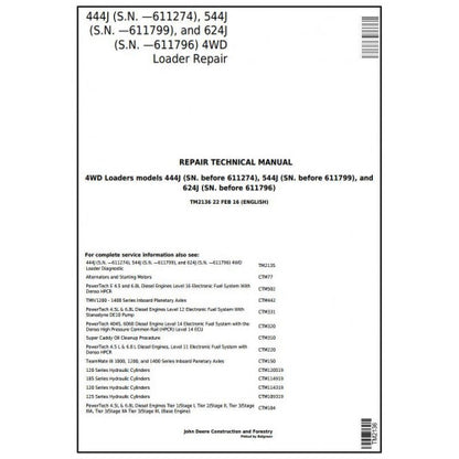 TM2136 John Deere 444J, 544J, 624J 4WD Loader Pdf Repair Service Technical Manual
