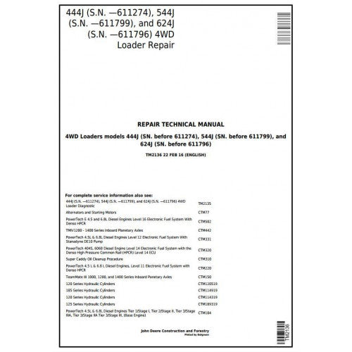 TM2136 John Deere 444J, 544J, 624J 4WD Loader Pdf Repair Service Technical Manual