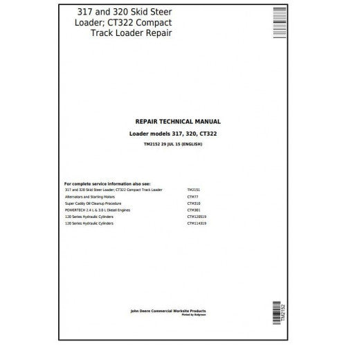 TM2152 John Deere 317 and 320 Skid Steer Loader; CT322 Compact Track Loader Pdf Repair Service Technical Manual