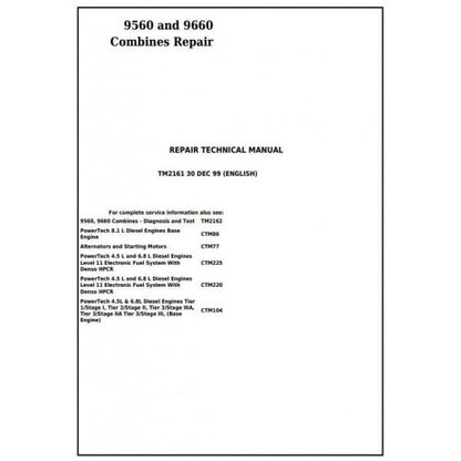 TM2161 John Deere 9560 and 9660 Combines Pdf Technical Service Manual
