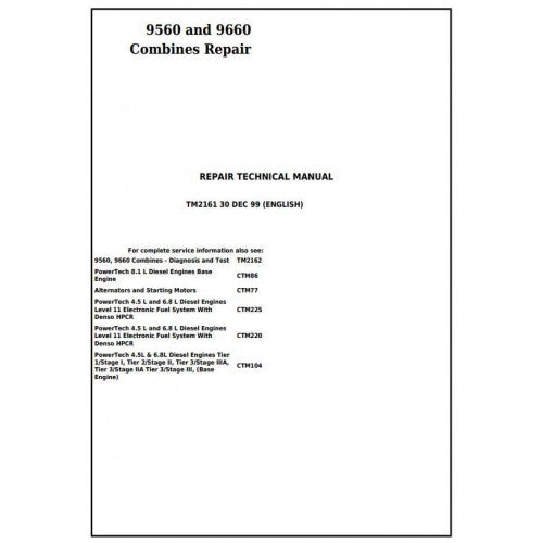 TM2161 John Deere 9560 and 9660 Combines Pdf Technical Service Manual