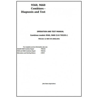 TM2162 John Deere 9560, 9660 Combines Pdf Operation and Tests Manual