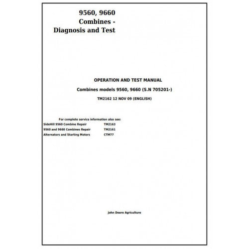 TM2162 John Deere 9560, 9660 Combines Pdf Operation and Tests Manual