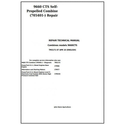 TM2171 John Deere 9660 CTS Self-Propelled Combine Pdf Technical Service Manual