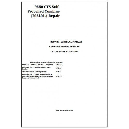 TM2171 John Deere 9660 CTS Self-Propelled Combine Pdf Technical Service Manual