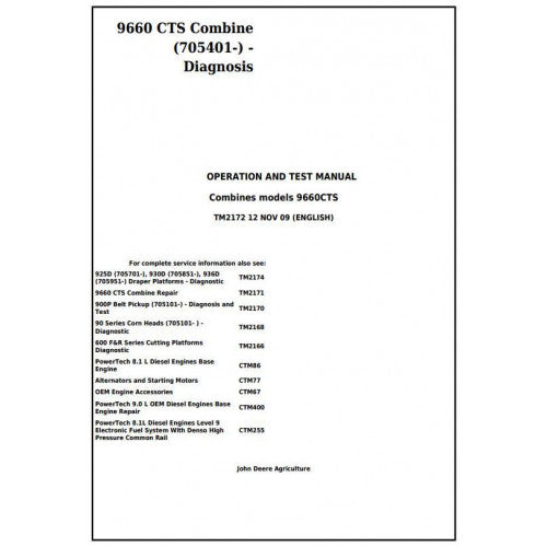 TM2172 John Deere 9660 CTS Combine Pdf Diagnostic, Operation and Test Service Manual