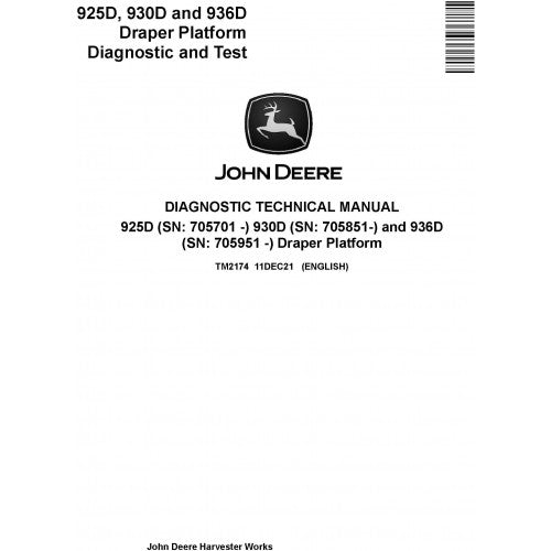 TM2174 John Deere 925D, 930D and 936D Draper Platform Pdf Diagnostic Technical Manual
