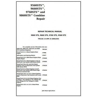 TM2181 John Deere 9560 STS, 9660 STS, 9760 STS, 9860 STS Combines Pdf Technical Service Manual