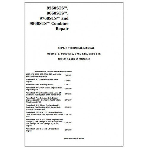 TM2181 John Deere 9560 STS, 9660 STS, 9760 STS, 9860 STS Combines Pdf Technical Service Manual