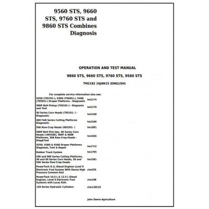 TM2182 John Deere 9560STS, 9660STS, 9760STS and 9860STS Combines Pdf Diagnostic, Operation and Test Service Manual