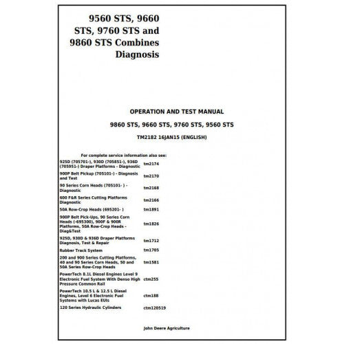 TM2182 John Deere 9560STS, 9660STS, 9760STS and 9860STS Combines Pdf Diagnostic, Operation and Test Service Manual