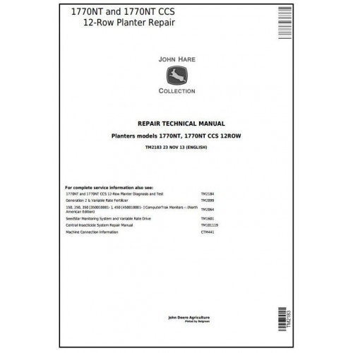 TM2183 John Deere 1770NT, 1770NT CCS 12-Row Planter Pdf Technical Service Manual