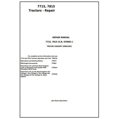 TM2190 John Deere 7715, 7815 Tractor Pdf Repair Technical Manual