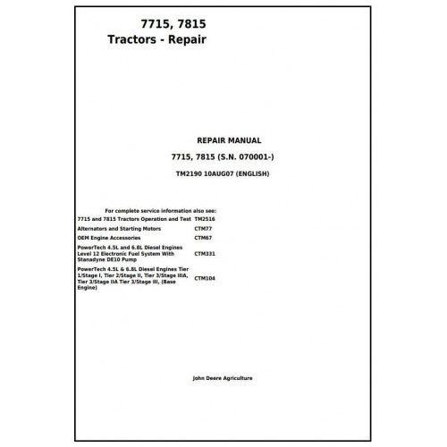 TM2190 John Deere 7715, 7815 Tractor Pdf Repair Technical Manual