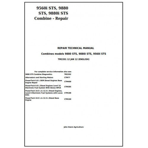 TM2201 John Deere 9560i STS, 9880 STS, 9880i STS Combines Pdf Technical Service Manual