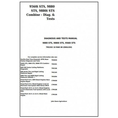 TM2202 John Deere 9560i STS, 9880 STS, 9880i STS Combines Pdf Diagnosis and Tests Service Manual