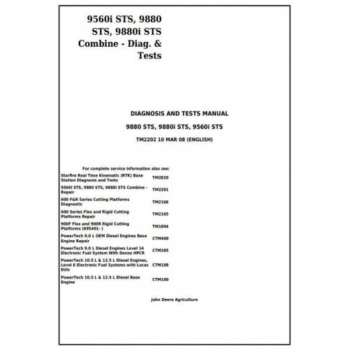 TM2202 John Deere 9560i STS, 9880 STS, 9880i STS Combines Pdf Diagnosis and Tests Service Manual