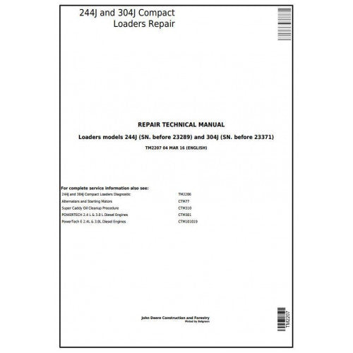 TM2207 John Deere 244J, 304J Compact Loader Pdf Repair Service Technical Manual