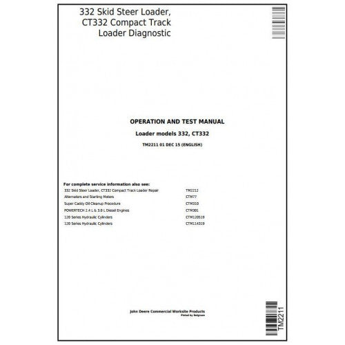TM2211 John Deere 332 Skid Steer Loader, CT332 Compact Track Loader Pdf Diagnostic, Operation and Test Service Manual