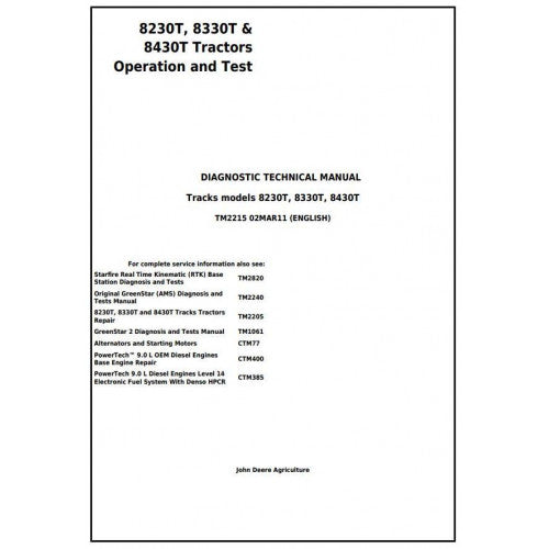 TM2215 John Deere 8230T, 8330T & 8430T Tracks Tractors Pdf Diagnostic Technical Manual