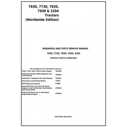 TM2234 John Deere 7630, 7730, 7830, 7930, 2204 Tractor Pdf Diagnosis and Tests Service Manual