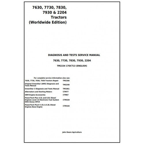 TM2234 John Deere 7630, 7730, 7830, 7930, 2204 Tractor Pdf Diagnosis and Tests Service Manual