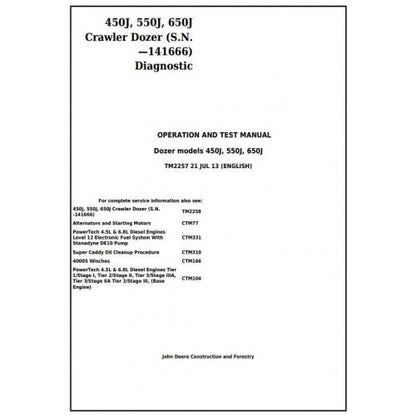TM2257 John Deere 450J, 550J, 650J Crawler Dozer Pdf Diagnostic, Operation and Test Service Manual