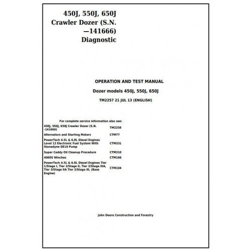 TM2257 John Deere 450J, 550J, 650J Crawler Dozer Pdf Diagnostic, Operation and Test Service Manual