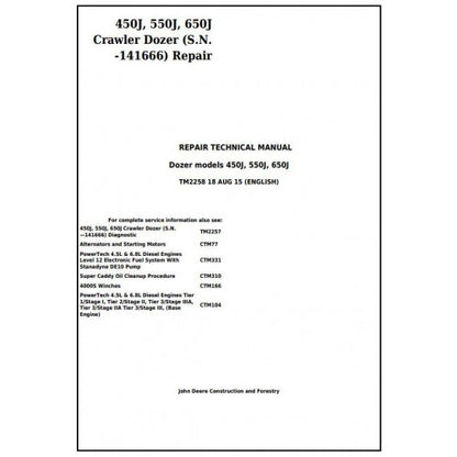 TM2258 John Deere 450J, 550J, 650J Crawler Dozer Pdf Repair Service Technical Manual