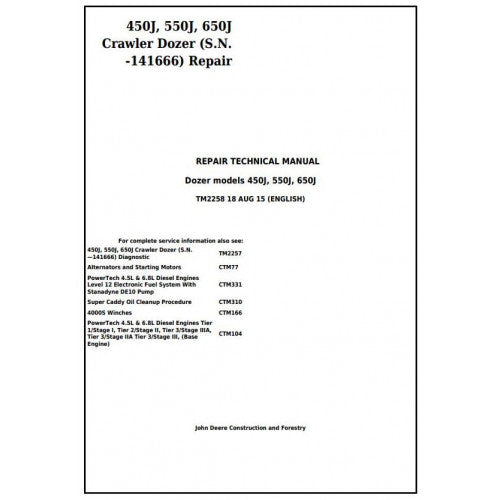 TM2258 John Deere 450J, 550J, 650J Crawler Dozer Pdf Repair Service Technical Manual
