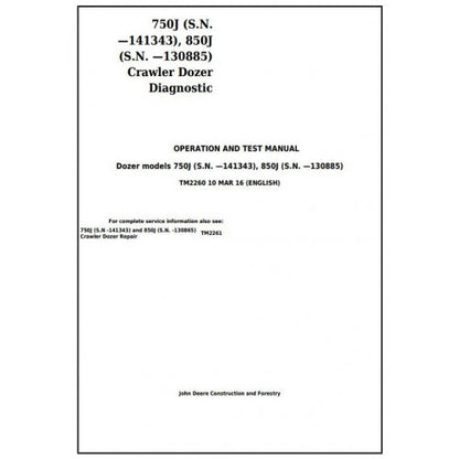 TM2260 John Deere 750J, 850J Crawler Dozer Pdf Diagnostic, Operation and Test Service Manual