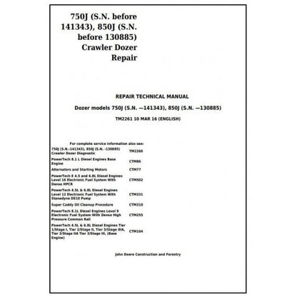 TM2261 John Deere 750J, 850J Crawler Dozer Pdf Repair Service Technical Manual